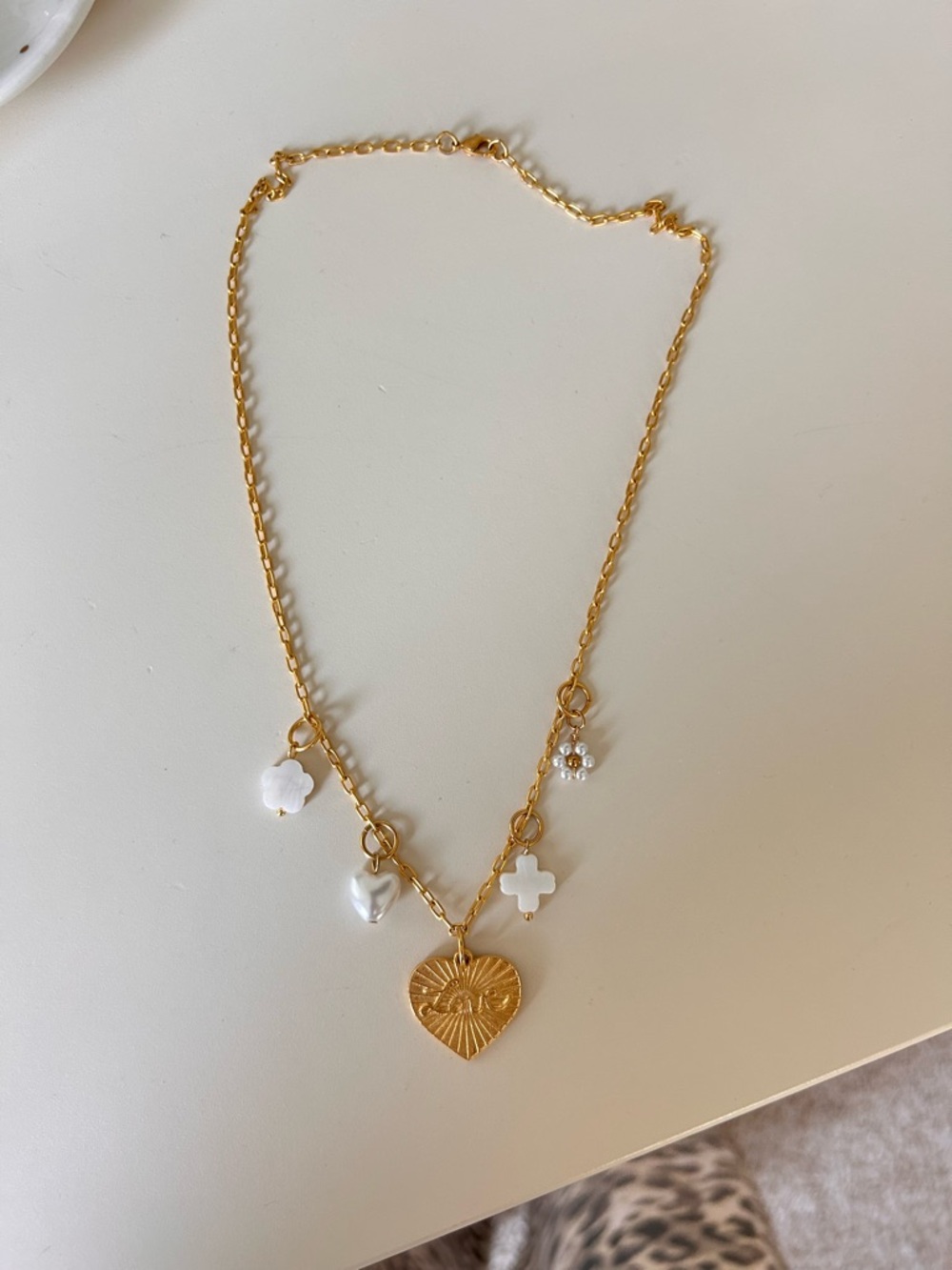 Gold Heart Pendant Necklace with White Accent Charms